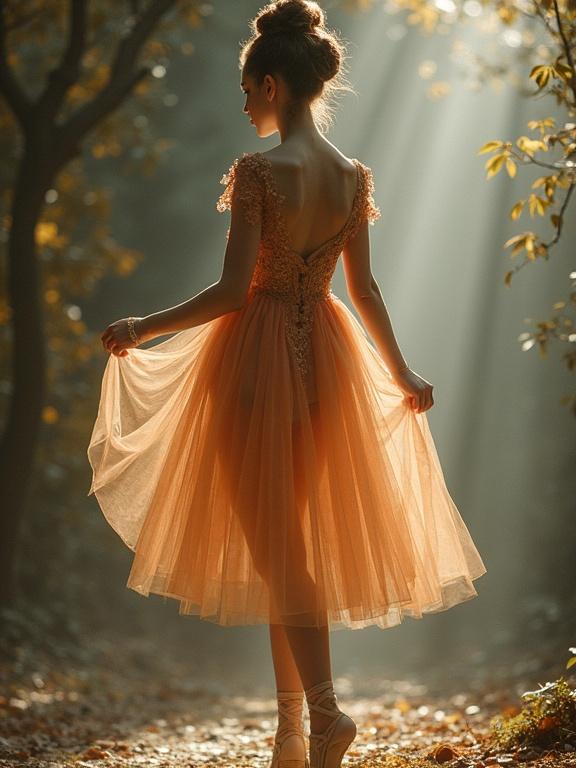 Portrait of a prima ballerina in a delicate peach dress. Ethereal background with soft golden light piercing through trees. Elegant and whimsical presentation.