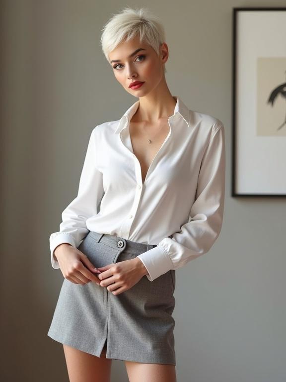 Gorgeous fit woman with short pixie hair wearing a white buttoned blouse and grey miniskirt. Standing in a brownstone loft. Preparing for the day with a confident expression.