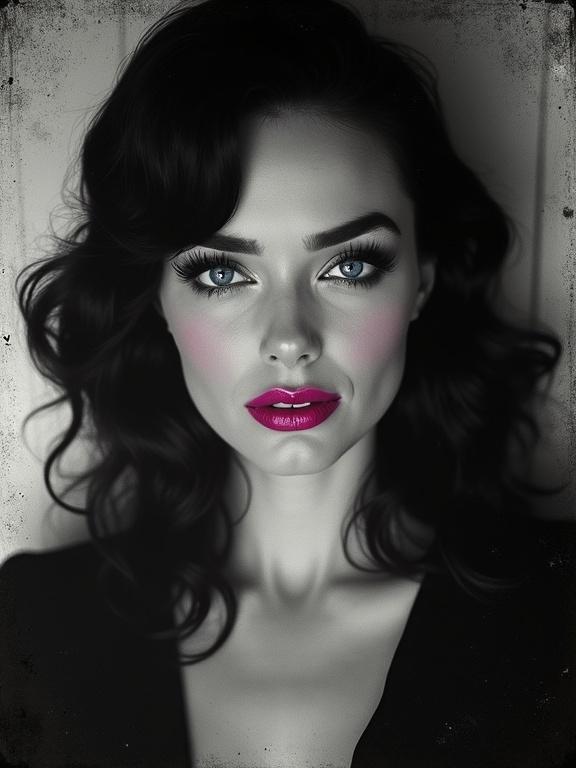 Old corrupted black and white footage of a gorgeous attractive happy noir femme fatale. Stunning body with vivid sparkling pink lips and blue eyes for color pop against grey and black pixels. Classic TV static appearance with a blend of black and white dots.