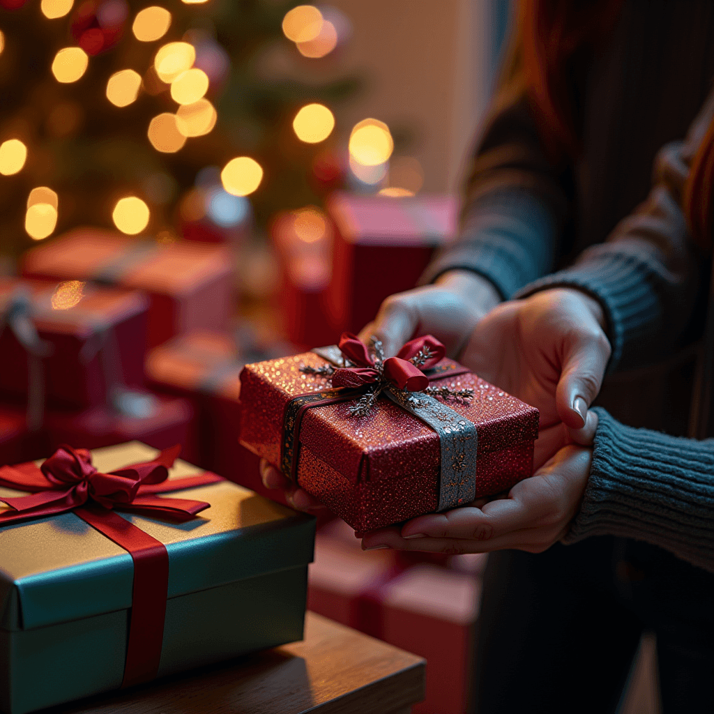 A person holds a beautifully wrapped Christmas gift with sparkling decorations, in front of a softly lit Christmas tree.