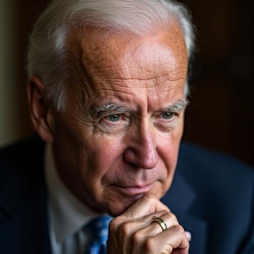 Joe Biden is shown in a close-up photograph. Face displays a thoughtful, engaged emotion while pondering. Captures details of facial expression.