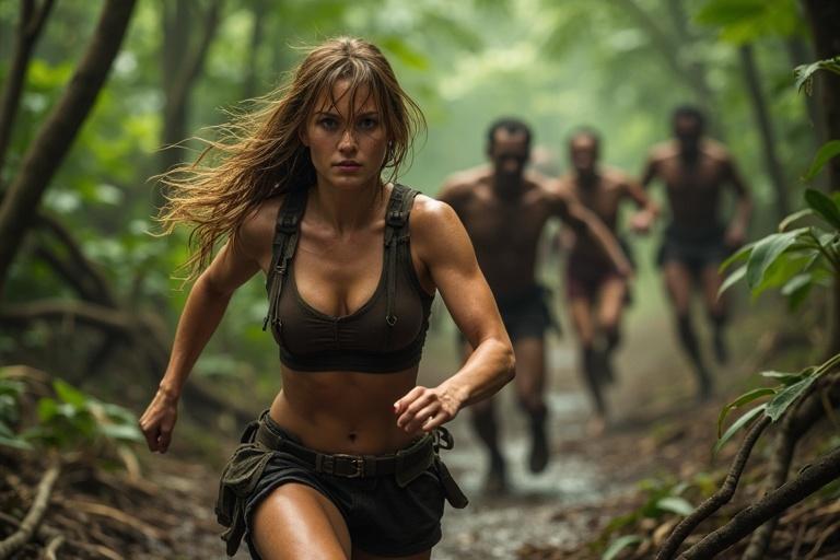 A girl runs in a jungle, hands bound with ropes. She looks scared, hair messy and wet. She wears a dark crop top and tactical shorts. Behind her, men chase, wild and fierce. The scene shows urgency and chaos in the jungle.