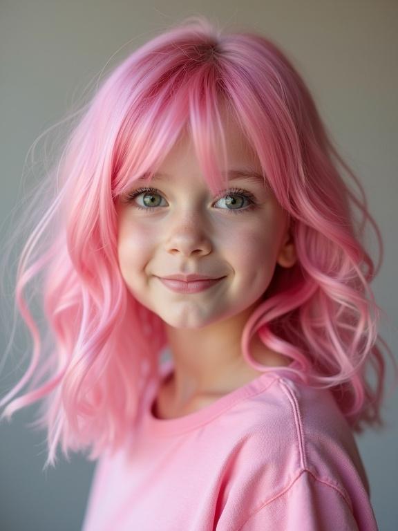 Portrait of a teenage girl with pink hair. She has a baby face with a round shape. Her hair is mid-length and pink. She has a small chin and is wearing a pink shirt.