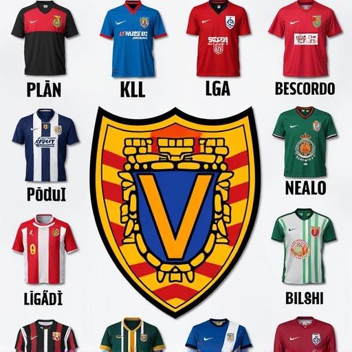 Design a poster featuring youth league champions with Valencia CF emblem. Include various team jerseys for the 2024 season. Display prominently the club's shield at the center with surrounding team colors and logos.