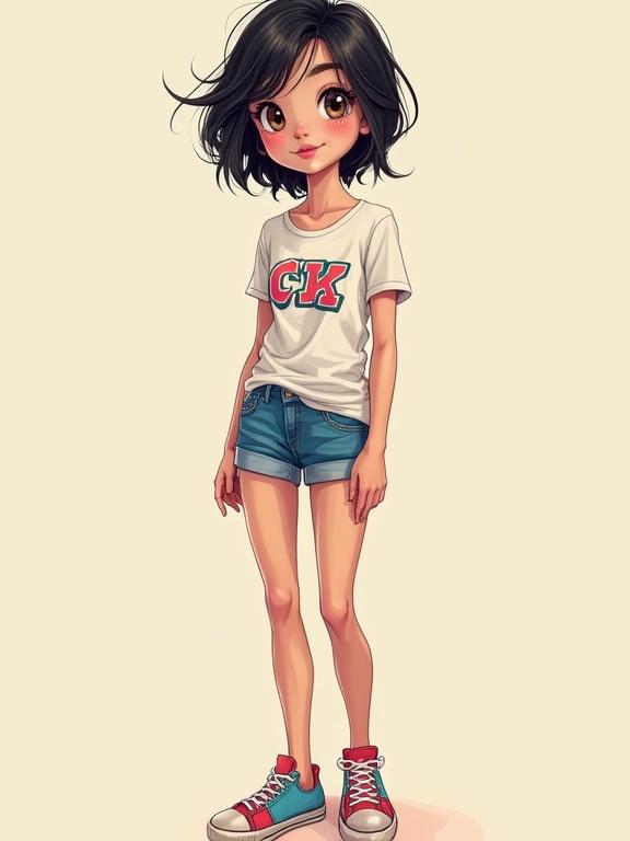 A full body portrait of a teenage girl in casual attire. She wears a graphic t-shirt with the initials CK and denim shorts. Sneakers have a colorful design. The character has messy short dark hair styled in waves. The illustration features soft and diffused lighting with smooth lines and shading.