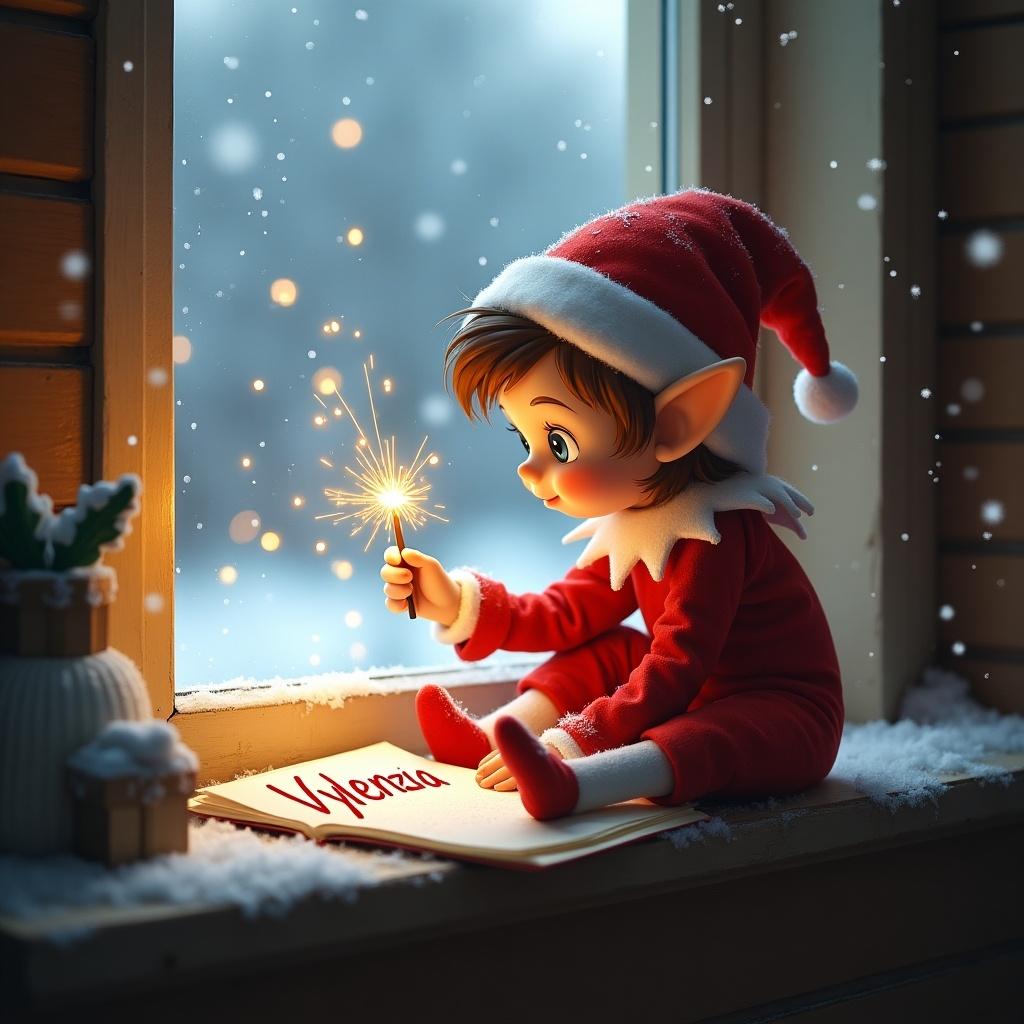 Cute elf girl writing the name Vylenzia with a sparkler sitting on a window ledge with snow outside