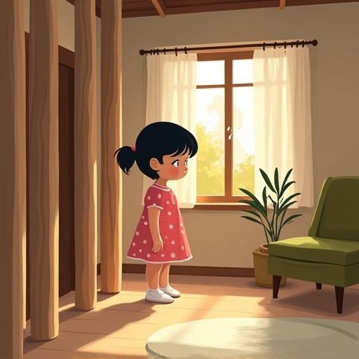Flat-style children's illustration featuring a girl with a ponytail in a polka-dot dress standing in a wooden house touching a column. The scene shows signs of change with shaking floor and fading sunlight. An olive-green chair and a plant are visible. A soft tense atmosphere is present with warm tones fading.