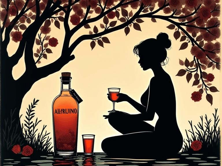 Sensual outdoor scene by a pond in an orchard. A silhouette of a voluptuous woman under a rosebush. She holds a shot glass of reddish liqueur. A bottle of 'ALFRUNO' elixir sits nearby with a cork lid and elegant tag. Two roses and rosemary accent the scene. Black on beige background. Capture of intimacy and allure in a vintage style.