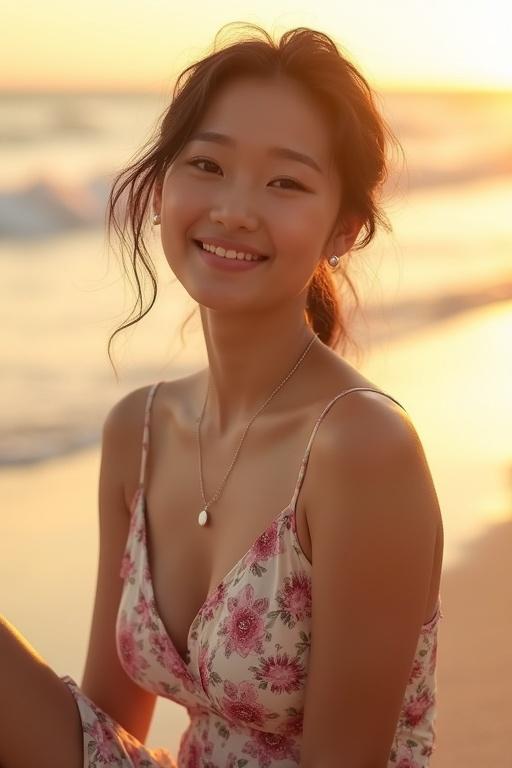 Portrait of a Taiwanese woman sitting on the beach during sunset. She has a natural smile and defined features. Wearing a floral sundress that flatters her shape. Loose beach updo hairstyle with pearl earrings and a heart-shaped necklace. High-quality image with soft shadows and cinematic light effects.