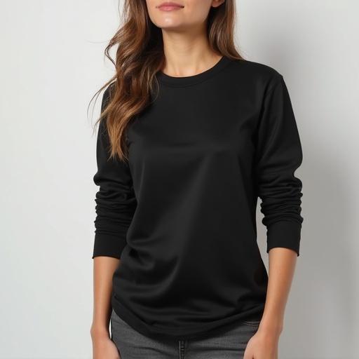 Woman wearing a black Bella Canvas Tri-blend Long Sleeve Shirt. The shirt is fitted and suitable for casual wear. The model has long brown hair and a neutral expression.