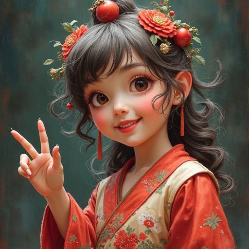 A young girl wearing traditional attire adorned with flowers and fruits. She has large expressive eyes and a playful smile. Her hair is curly and decorated, and she is making a cheerful gesture with her hand.