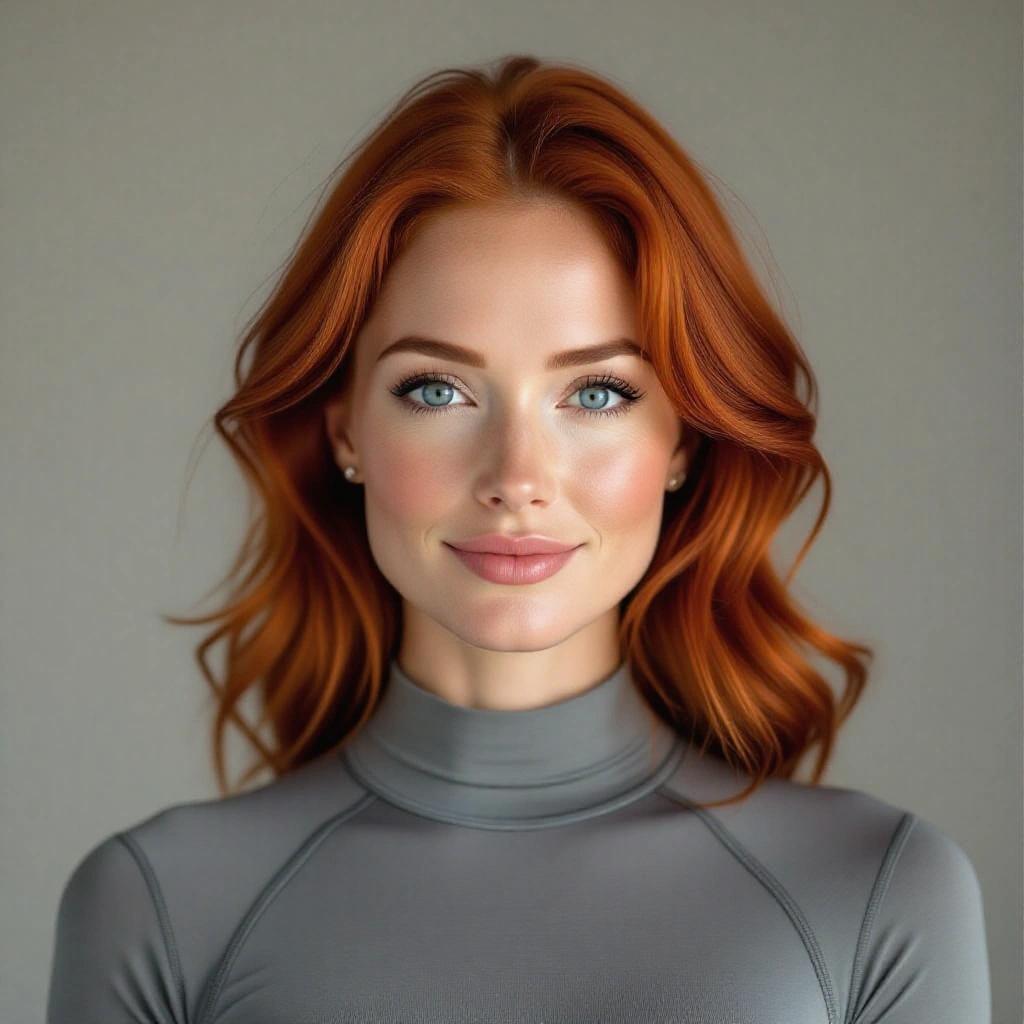 Photorealistic headshot of a woman with red hair and blue eyes. She wears a gray bodysuit. The lighting is even in a studio setting. The focus is sharp.