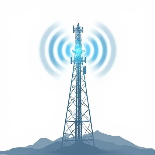 Realistic depiction of a full-height cell tower on a white background. Tower emits blue-colored radio waves. Simple design focuses on the tower and waves.
