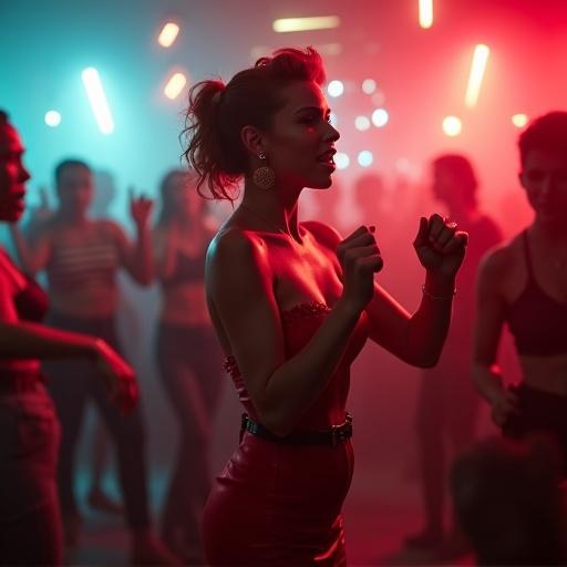 Dancing female figure in a club. Vibrant lights and party ambiance. Young adults enjoying music. Energetic dance movements.