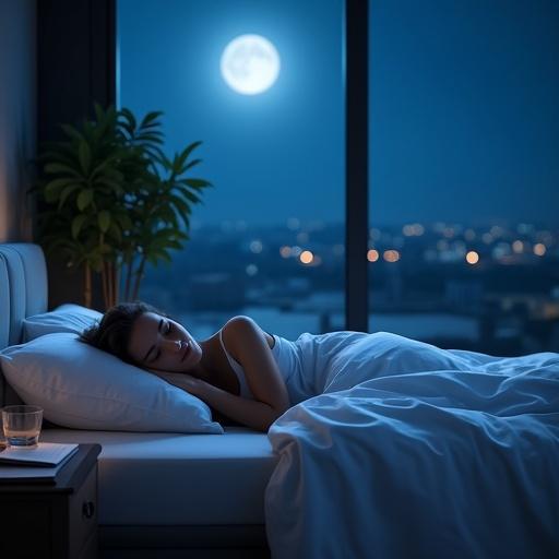 A cinematic nighttime scene shows a person sleeping in a modern bedroom. Moonlight streams through a large window illuminating their peaceful face. The city lights twinkle in the distance. White linens cover the bed with a glass of water and an open book nearby. A green plant is by the window adding a natural touch. The overall atmosphere is calming and tranquil with dramatic shadows and highlights.