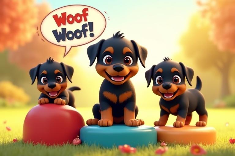 Three animated Rottweiler puppies in a sunny meadow. Middle puppy barks excitedly. Colorful speech bubble saying 'Woof Woof!' Other puppies wag tails on colorful shapes. Puppies have big eyes and fluffy fur.