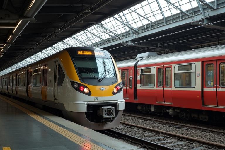 A modern train station with two trains. One train with a bright yellow front is at the platform. The other train is red. The station has a large glass roof. Sunlight illuminates the scene. Details include rail tracks and station architecture.