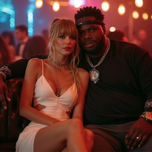 A couple sits together in a nightclub. The girl wears a short white dress with cutouts and a necklace. The boy is larger and wears a black shirt. They are close, she smiles at the viewer. The setting is dim with warm lighting.