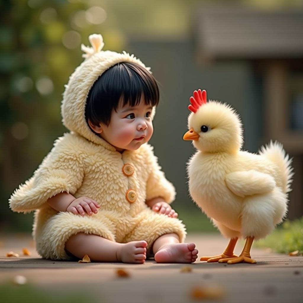 Engaging video with a baby dressed as a hen sitting next to a soft hen. Baby shows curiosity gazing at the hen. Cozy outdoor setting enhances playful interaction. Soft natural lighting emphasizes the moment. Hen appears realistic and approachable for family audience.