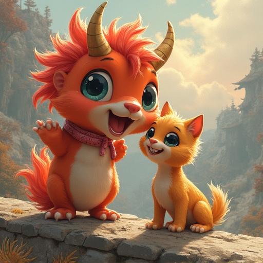A cute creature with orange fur and horns smiling joyfully next to a small orange cat in a natural setting.