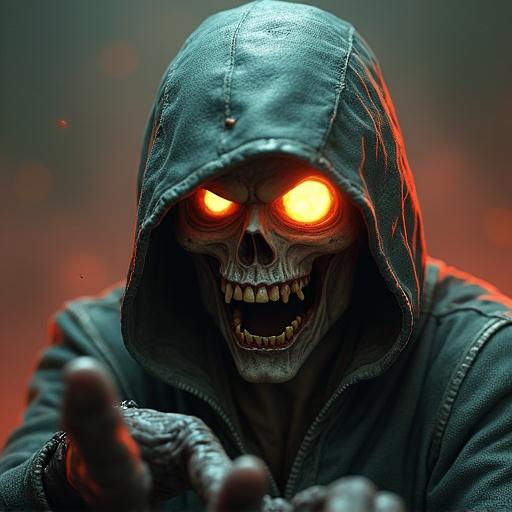 Thumbnail design featuring a skull with glowing eyes in a dark atmosphere. Evocative style suitable for zombies gameplay.