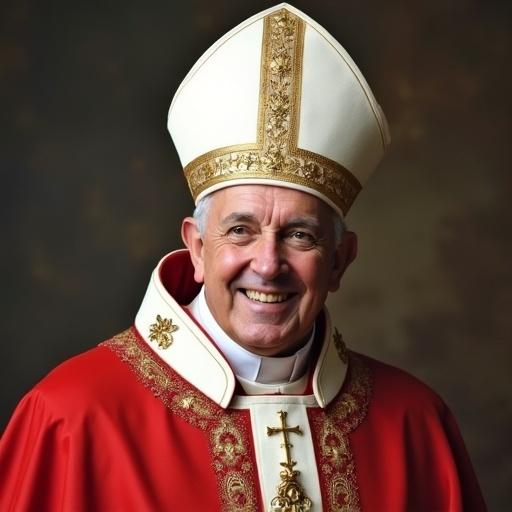 Pope wearing traditional papal attire. Bright and warm expression. Iconic hat and robe. Background is soft and formal. Emphasizes his role in leadership and faith.