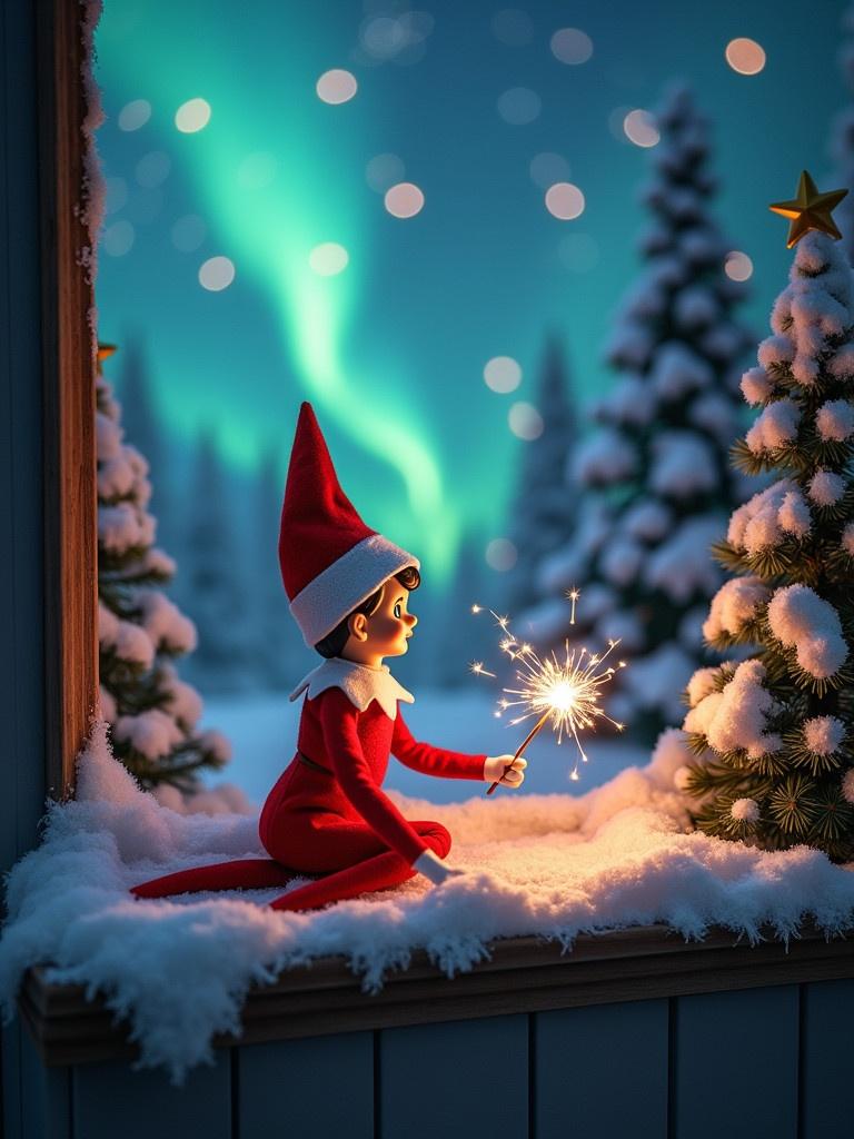 Enchanting Christmas scene features an elf on the shelf writing Lyla with a sparkler. Elf is dressed in red and white facing the sky. Backdrop showcases vibrant northern lights and snowy trees. Scene is festive and whimsical evoking holiday joy.