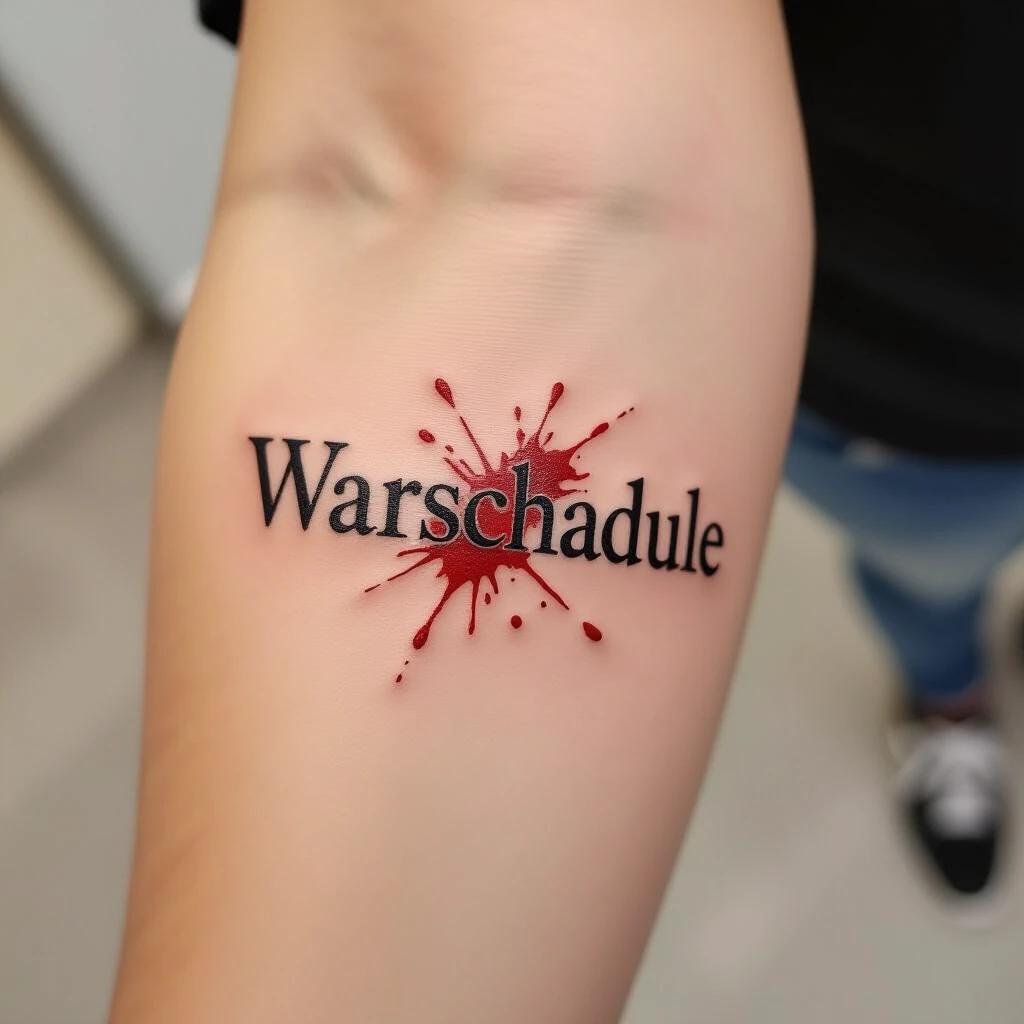 Photo of an arm featuring a tattoo with the text Warschadule. The design includes realistic bloody scratches. Focus on lifelike details.