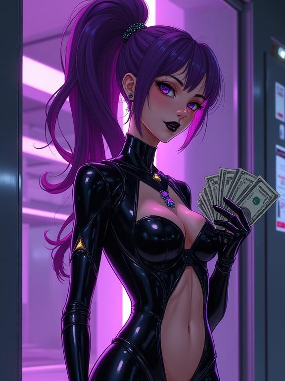 Anime style character in a sleek black suit. Inside a modern digital vault. Holds money with an evil grin. Features amethyst purple eyes. Elegant purple ponytail. Tattoos visible on skin. Neon purple lighting dominates the scene.