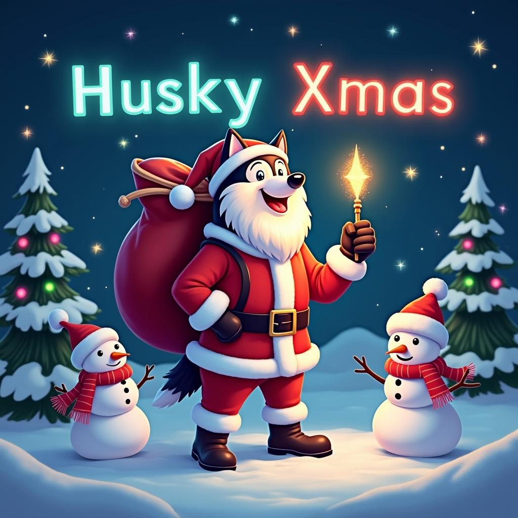 A cheerful Husky in a Santa suit stands in a snowy landscape. He holds a glow stick. Two snowmen are nearby. Pine trees with colorful lights surround the scene. The backdrop features a starry night sky and the text 'Husky Xmas' glows. The overall atmosphere is festive and energetic.