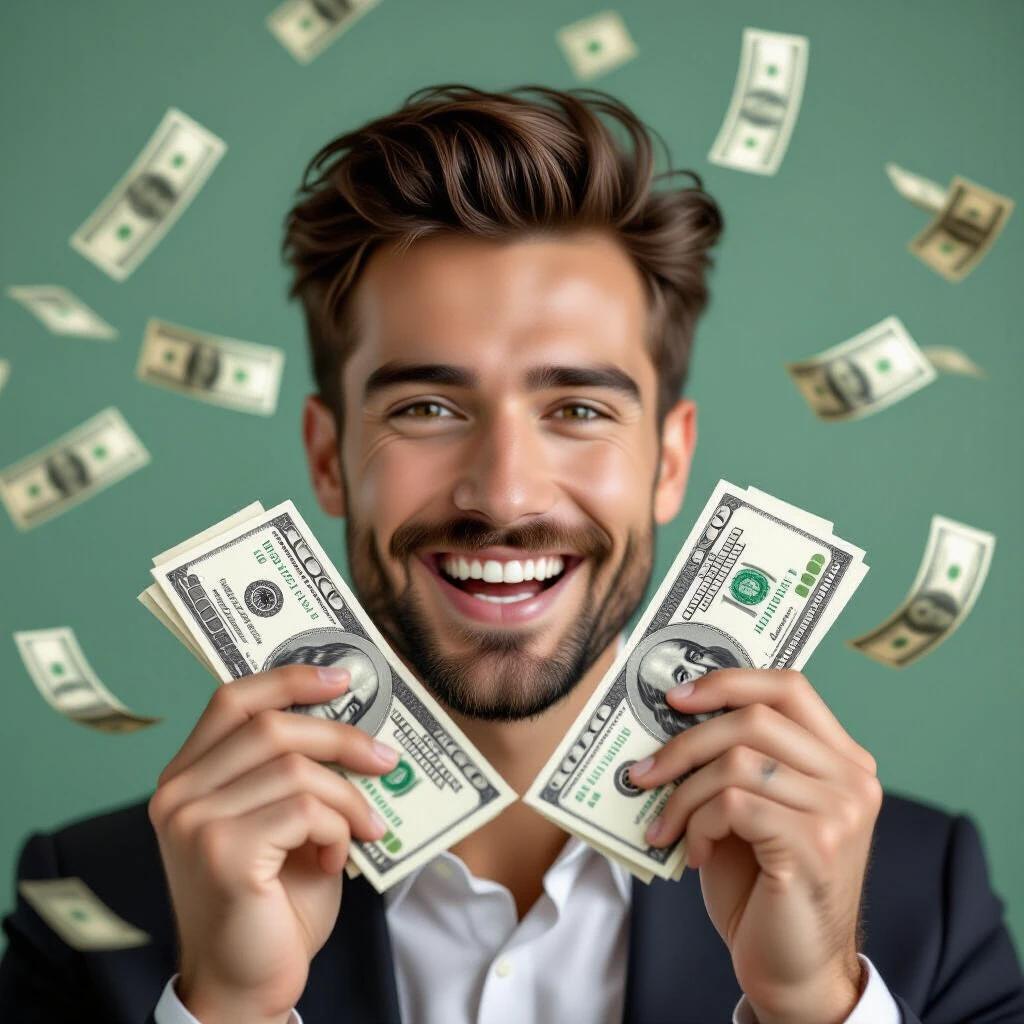 A man with a lot of money smiling while holding cash with dollar bills floating around him.
