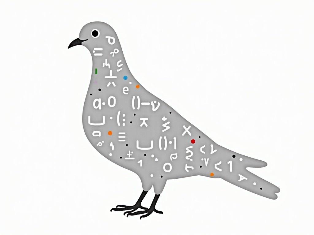 This image features a minimalist silhouette of a pigeon. The pigeon is intricately designed using small mathematical symbols and notation. Symbols like quantifiers, logic symbols, and set notations fill its form, showcasing core mathematical concepts. The bird stands in a thoughtful pose, reflecting an intellectual engagement with the subject matter. The overall color scheme is simple, focusing on a gray silhouette against a neutral background, emphasizing the complexity of the symbols within.