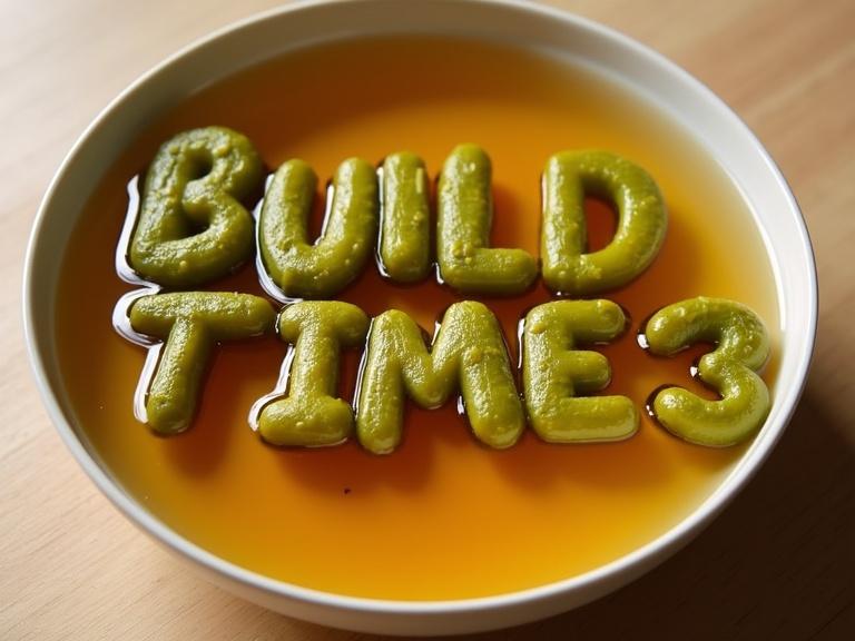 The word BuildTime3 is formed by pickles. The letters float in a bowl filled with honey. Bright colors enhance the presentation.