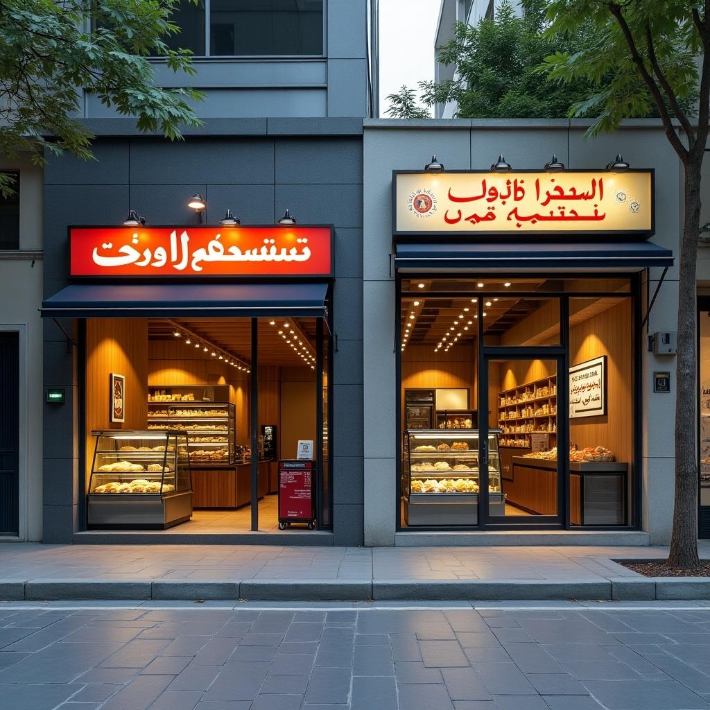 This image showcases a realistic view of two sandwich shops in Iran, seen from the outside. On the left is a stylish modern shop with sleek architecture and large glass windows. It features elegant lighting and a polished interior design that hints at a luxurious dining experience. On the right, there's a modest traditional shop that has a simpler appearance, marked by a basic Persian signboard and a glass display showcasing sandwiches and fresh ingredients. The backdrop consists of a typical urban Iranian street, providing context and realism to the setting. This comparison highlights the diversity in sandwich shop designs within the same cultural sphere.