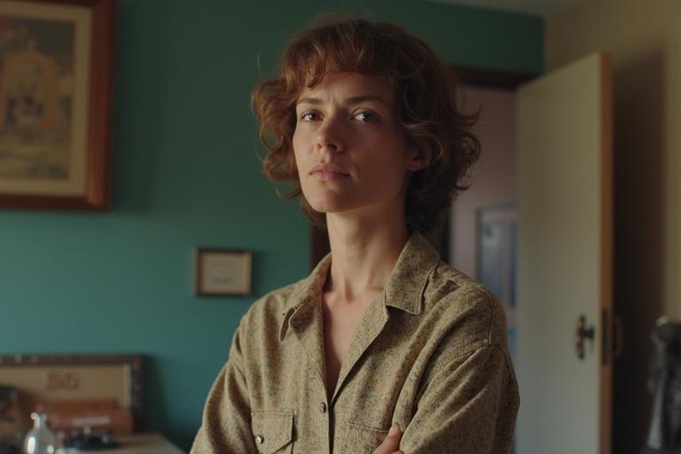 A woman with curly hair stands in a room with green walls. She has a serious expression and arms crossed. The setting is domestic with soft lighting.
