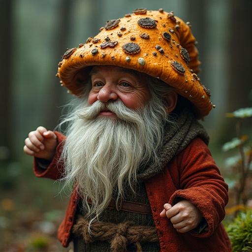 An old dwarf dressed in earth-toned clothing. The character is adorned with an oversized mushroom hat. Lush forest background with natural light.