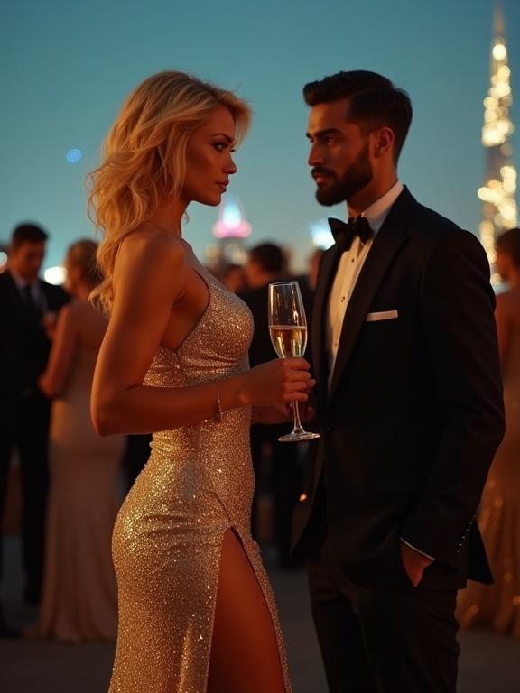 Rooftop party at night in Dubai with Burj Khalifa blurred in background. Focus on woman with blonde hair in a shimmering gown with thigh-high slit and champagne flute. Beside her, a man in a black tuxedo with dark eyes looking at her suspiciously. Elegant crowd and warm lights create a luxurious atmosphere.