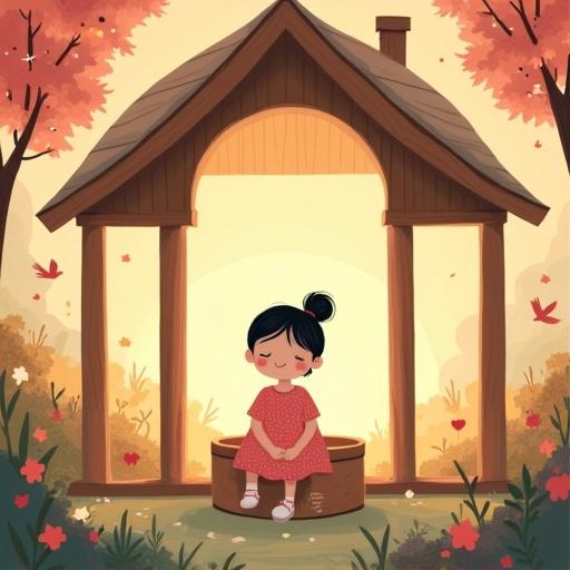 A soft warm flat-style illustration of a little girl named Leila with short black hair tied in a ponytail. She sits in a circular wooden house with five pillars. She wears a pink dress with white polka dots. Her eyes are closed and she smiles gently. An empty wooden box is in front of her. Surrounding her, there are glowing trees, singing birds, and a flowing stream. Soft sunlight fills the scene creating a peaceful joyous atmosphere.