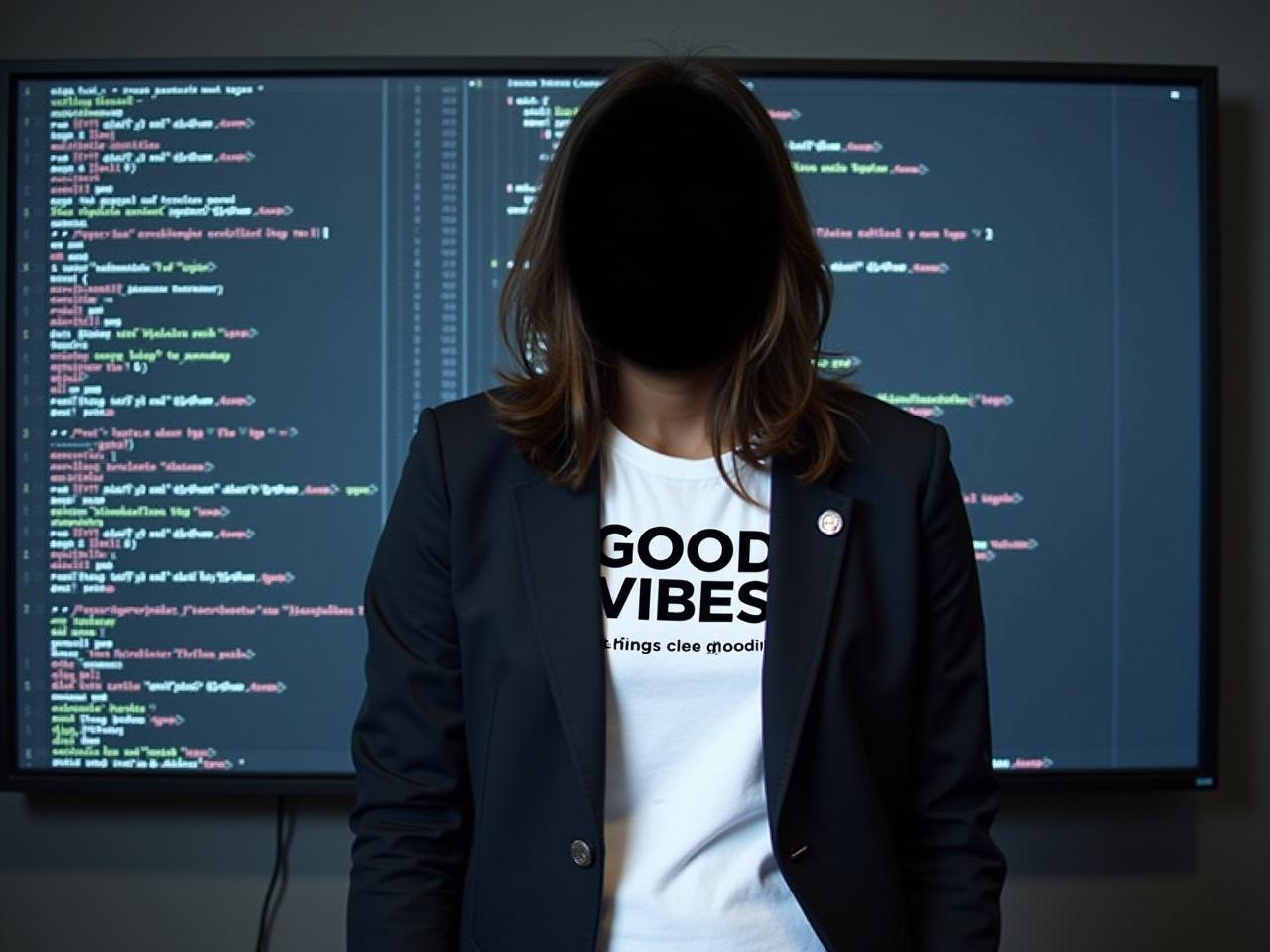 The image features a person standing in front of a screen filled with computer code. They are wearing a stylish blazer over a white t-shirt that has the words "GOOD VIBES" printed in bold letters, with an inspirational message below. The background code creates a techy atmosphere. The person's face is obscured, making their identity unclear. Overall, the setting suggests a positive and modern vibe, possibly related to tech or digital work.