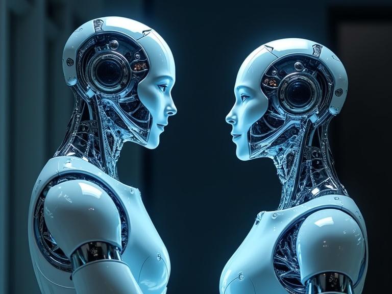 Image showcasing two humanoid robots with advanced features. Both robots are facing each other with their intricate metallic structures visible. Soft blue and silver colors dominate the design. High-tech atmosphere surrounding them.