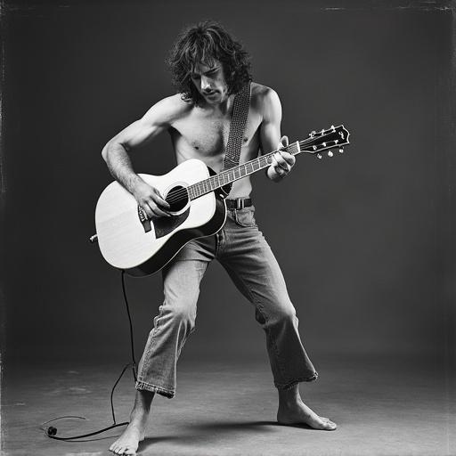 Man playing acoustic guitar. Shirtless musician with long hair. Barefoot on stage. Rock and roll atmosphere. Black and white photo.