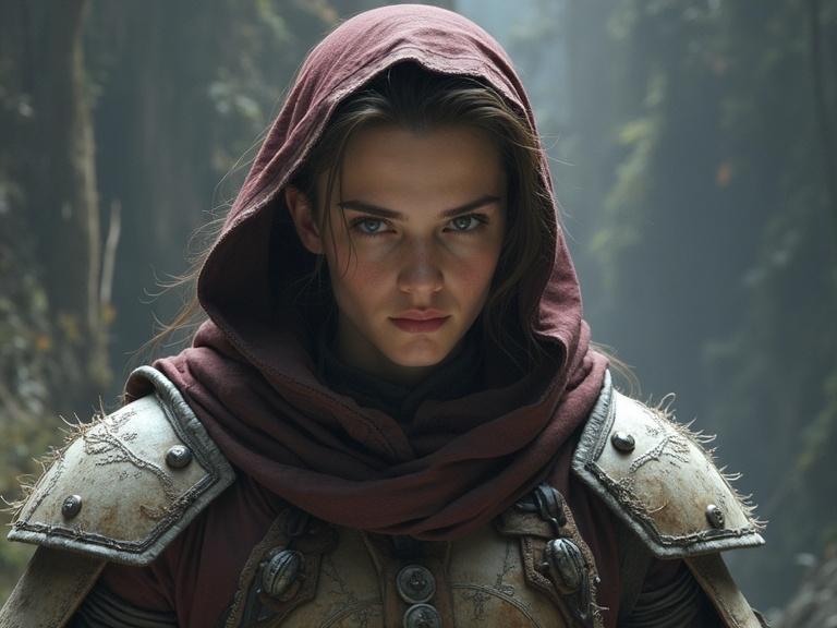 A female fantasy character wearing medieval armor and a hood. The character displays a strong expression with intense eyes. Background features a mystical forest with soft lighting.