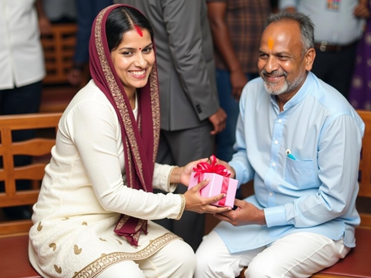 The image depicts two individuals in a celebratory setting. One person is wearing a white traditional outfit with intricate designs and a maroon scarf draped over her head and shoulders. The other person is dressed in a light blue shirt and white trousers. They are exchanging a gift wrapped in pink with a red ribbon. The background includes a wooden bench and blurred figures of other people, suggesting a gathering or an event. The atmosphere appears festive and joyful, focusing on the act of giving.