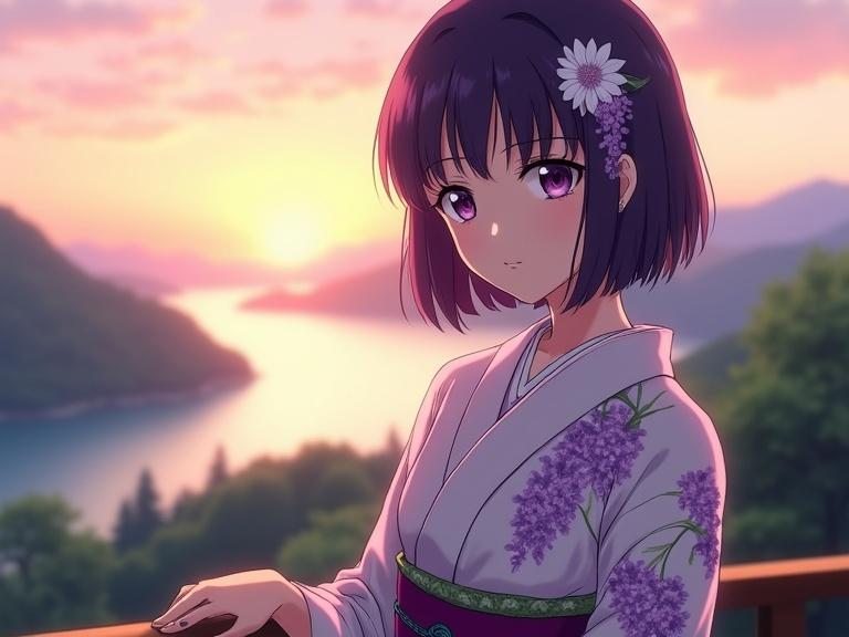 Portrait in anime style. Woman with dark violet bob cut hair. Dark violet eyes with light eyeshadow. Dressed in wisteria-colored kimono with floral pattern. Elegant curves of wisteria flowers in soft hues. Large floral motif flowing from shoulder to chest. Crisp white collar and dark purple obi sash. White flower ornament in ear. Ring on right hand. Graceful stance, serene expression, quiet sophistication. Background features Amanohashidate at sunset, warm golden glow highlighting landscape. Soft, ethereal quality with warm and cool tones.