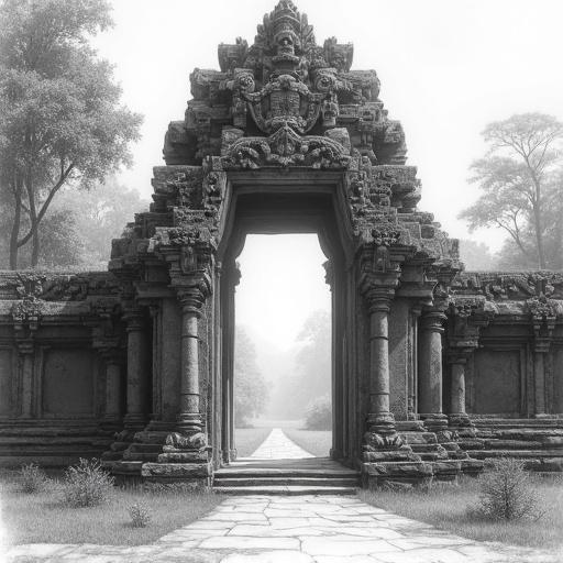 Hyperrealistic monochrome pencil sketch of ancient Khmer temple ruin  gateway. Features gopura entrance reminiscent of Angkor Wat. Intricate carvings on stone. Weathered details include cracks, moss, and plants in crevices. Crumbling archway sections reveal inner stonework. Soft sunlight filters through hazy sky. Background includes trees and jungle foliage. Pathway leads into slightly obscured interior. Captures serene decay of lost civilization. Cinematic lighting with dramatic atmosphere.