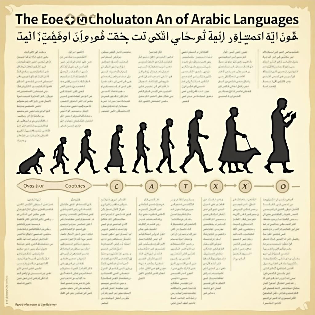 This infographic illustrates the evolution of the Arabic language from the pre-Islamic era to the present day. It depicts significant milestones, key influences, and the transformation of the language through various periods. The timeline includes figures representing different stages of linguistic development. The layout is informational, with a vintage aesthetic, showcasing the rich history of Arabic. It serves as a resource for understanding the historical context of Arabic language evolution.