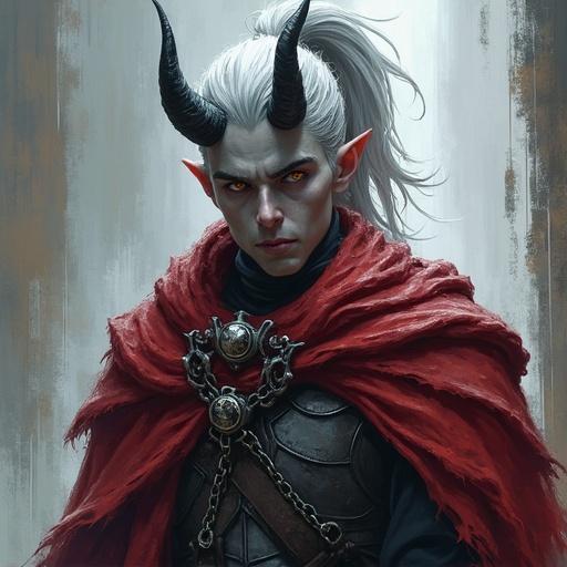 A tall male tiefling with ash-gray skin and amber eyes. Silver hair tied back in a high ponytail. Black horns protrude from the head. Dressed in chainmail and an ash-red cloak. Digital rough painting style with expressive brush strokes. Cinematic lighting creates strong shadows. Matte skin texture displayed. High level of detail with visible brushwork. Stylized illustration with drama and grit.