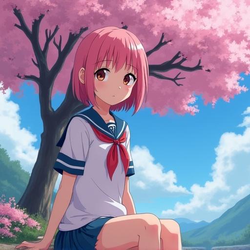 A teenage anime girl with short pink hair sits under a cherry blossom tree. She wears a school uniform. The scene is colorful and bright. The style reflects the aesthetics of Studio Ghibli.