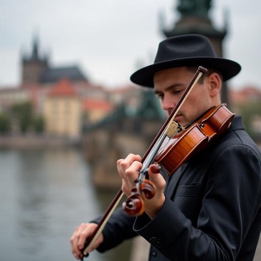 Close-up photo of a violinist on Charles Bridge in Prague. Style is natural with soft lighting and low color saturation. Focus on high detail and realism using an 85mm lens.