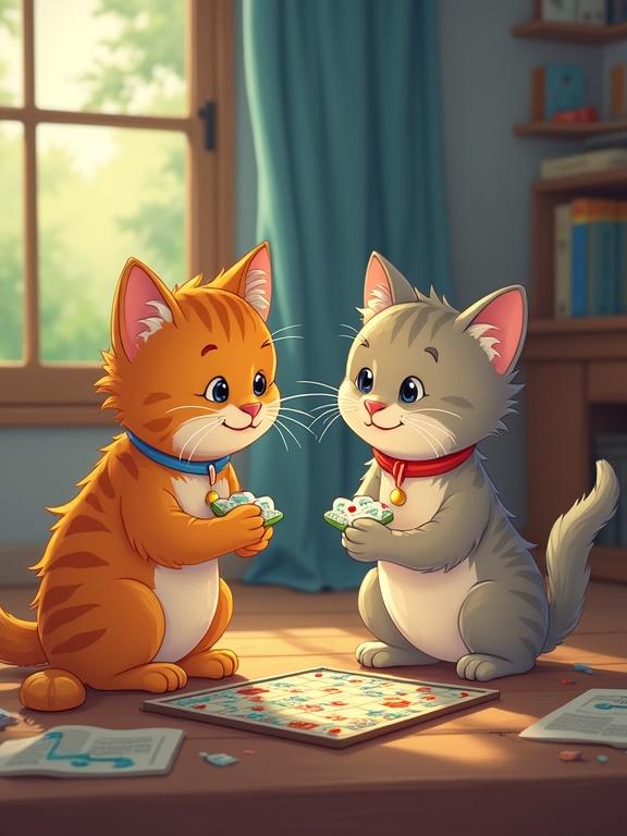 Two adorable cats engaged in a board game. The first cat is orange with stripes. The second cat is gray. Both cats appear joyful. They hold small game pieces. Background features a warm, inviting room. Sunlight streams through a window. A game board rests on the floor.